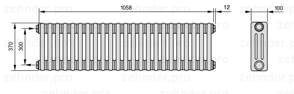 Схема (чертеж) Радиатор Zehnder Charleston 3037/23 №1270 Белый глянцевый RAL 9016